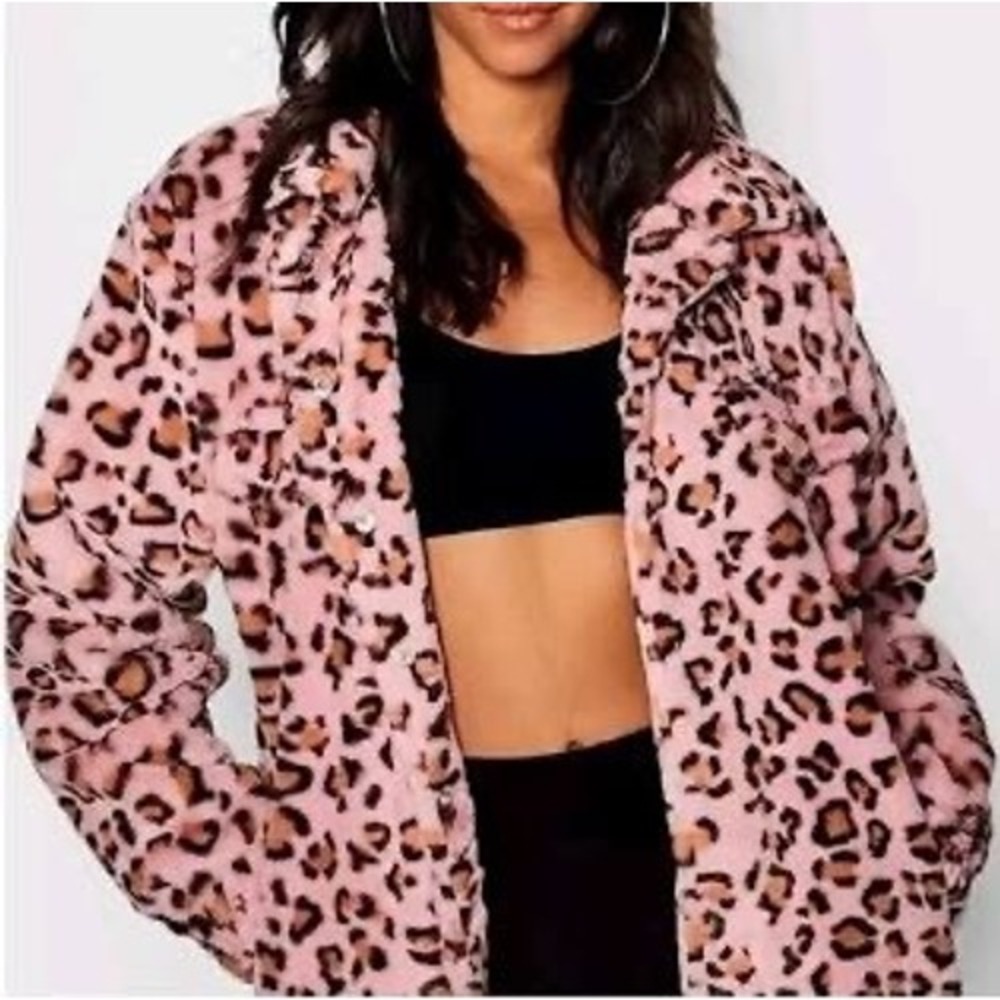 Victoria's Secret Know One Cares Pink Leopard Faux Fur Crop Full Zip Jacket Med